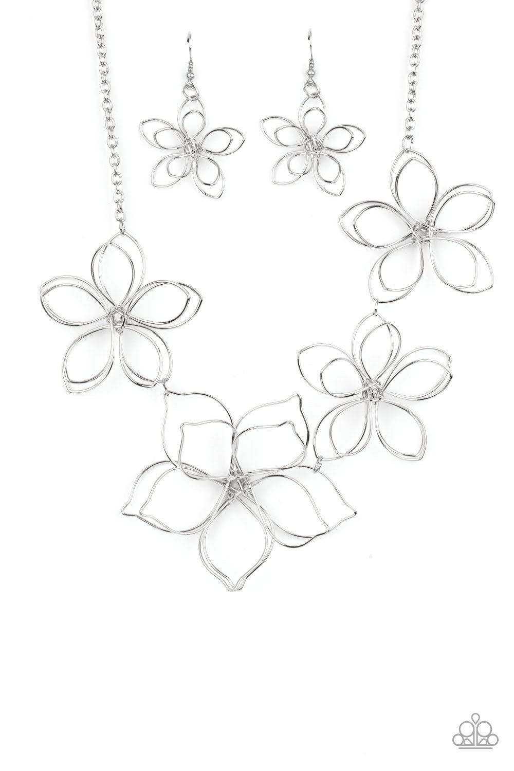 Flower Garden Fashionista - Large Blossoms - Silver Flower Necklace - Paparazzi Accessories - Bejeweled Accessories By Kristie - Shiny silver wire delicately twists into oversized blossoms. Varying in size, the airy floral frames delicately link into an asymmetrical display as the layered frames elegantly pop beneath the collar. Features an adjustable clasp closure. Sold as one individual necklace.