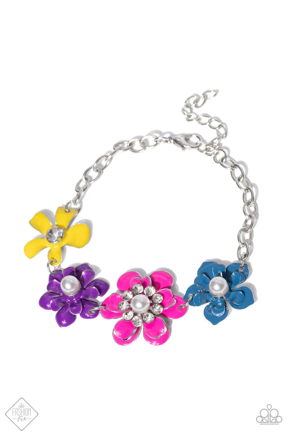 Flower Patch Fantasy - Multi Color Flower Bracelet - Paparazzi Accessories -A collection of colorful flowers link around the wrist to create a vibrant statement piece. A mix of shimmery pearls and sparkling white rhinestones decorate the center of each flower, infusing the piece with handcrafted whimsicality. Features an adjustable clasp closure fashion bracelet.  Bejeweled Accessories By Kristie - Trendy fashion jewelry for everyone -