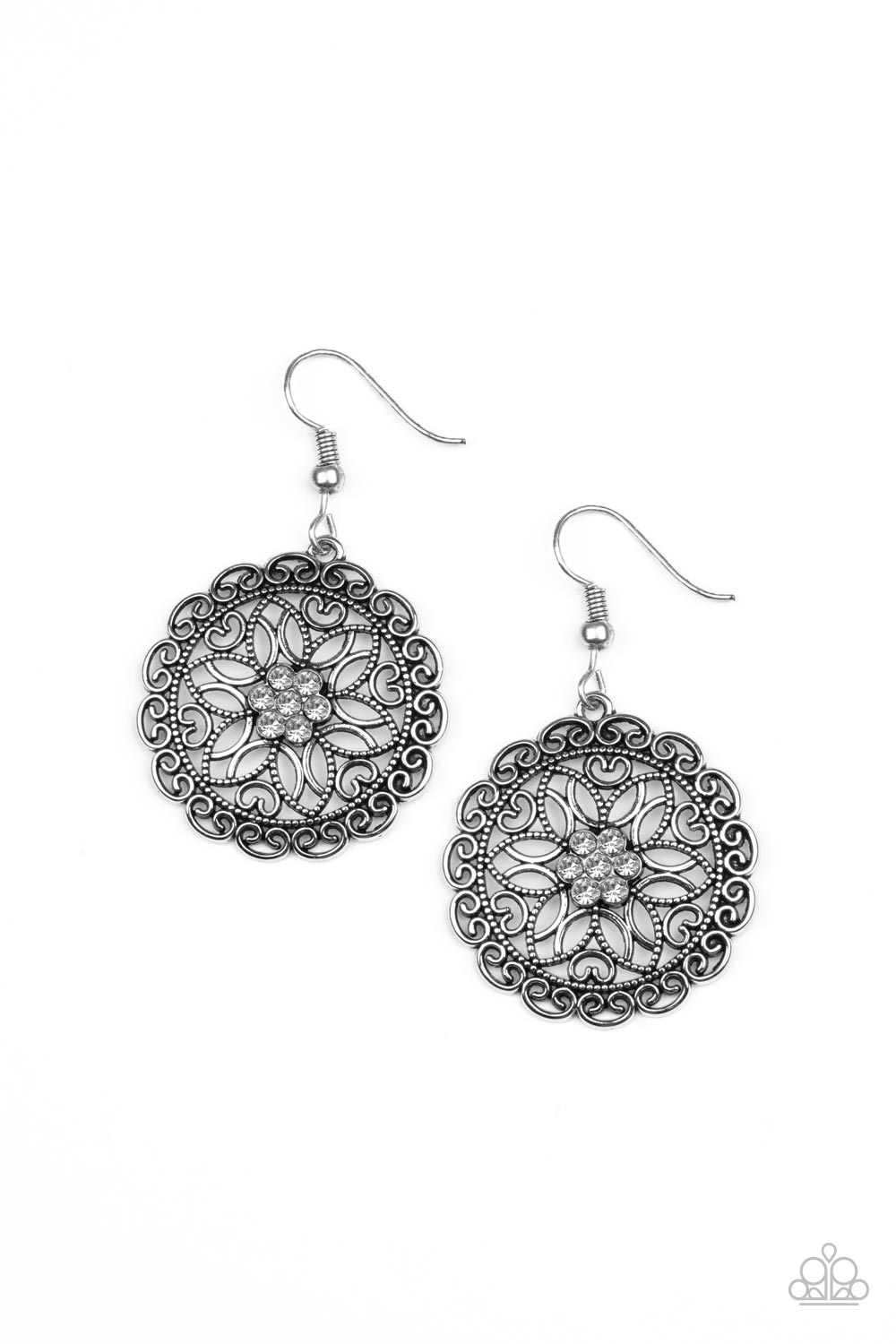 Flower Shop Sparkle - Silver Floral Earrings - Paparazzi Accessories - 
Overlapping silver petals fan out from a sparkly white rhinestone center inside a frilly ring of silver filigree, resulting in a whimsical floral frame. Earring attaches to a standard fishhook fitting. Sold as one pair of earrings.
