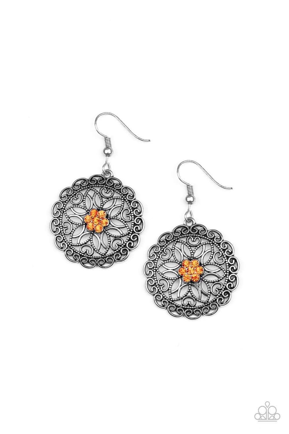 Flower Shop Sparkle - Sparkly Orange and Silver Earrings - Paparazzi Accessories - Silver petals fan out from a sparkly orange rhinestone center inside a frilly ring of silver filigree, resulting in a whimsical floral stylish fashion earrings.
