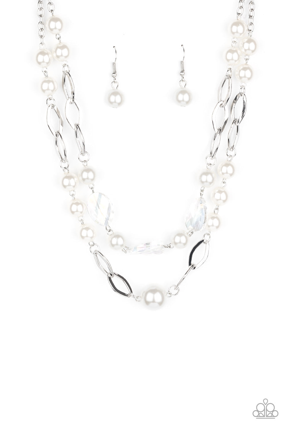 Fluent In Affluence - White and Silver Necklace - Paparazzi Accessories - A mismatched collection of pearly white beads, shimmery silver ovals, and metallic flecked crystal-like gems link into two polished rows below the collar, creating colorfully timeless layers. Feature an adjustable clasp closure. Sold as one individual necklace.