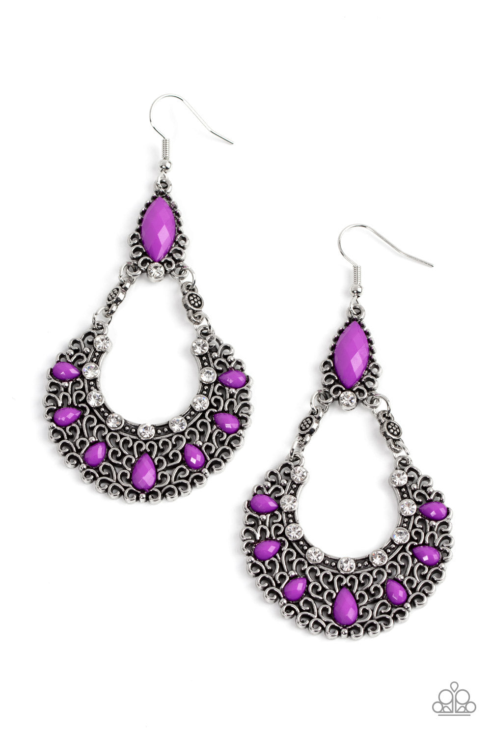 Fluent in Florals - Purple and Silver Fashion Earrings - Paparazzi Accessories - Purple beads and dainty white rhinestones, a filigree filled silver wreath swings from the bottom of a matching purple bead for a whimsical fashion. Earring attaches to a standard fishhook fitting.