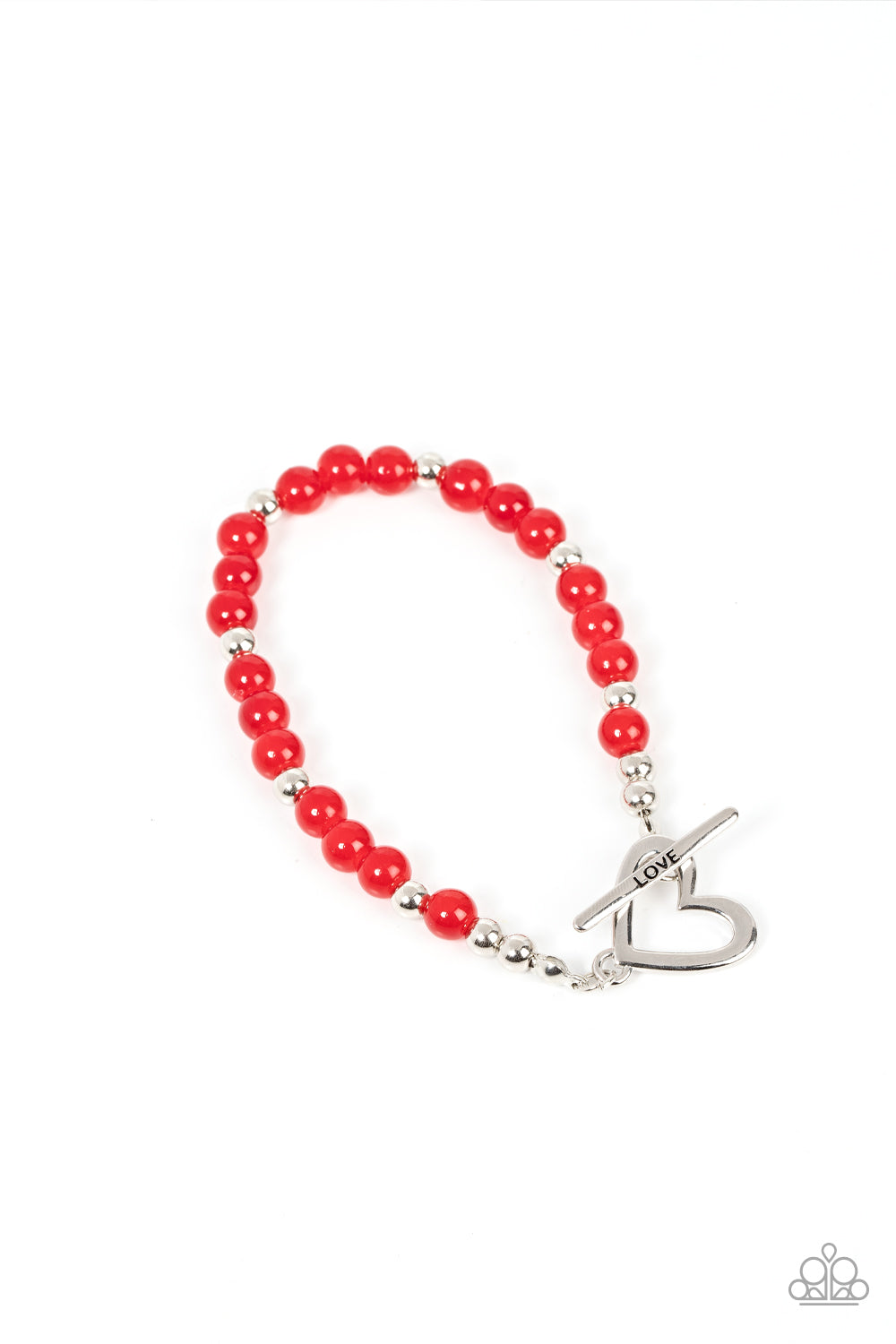 Following My Heart - Red Bead - Silver Bracelet - Paparazzi Accessories - Shiny silver heart frame interlocks with a toggle closure at the center of a shiny silver and glassy red beaded bracelet. The silver toggle is stamped in the word, "love," for a romantic finish. Features a toggle closure.