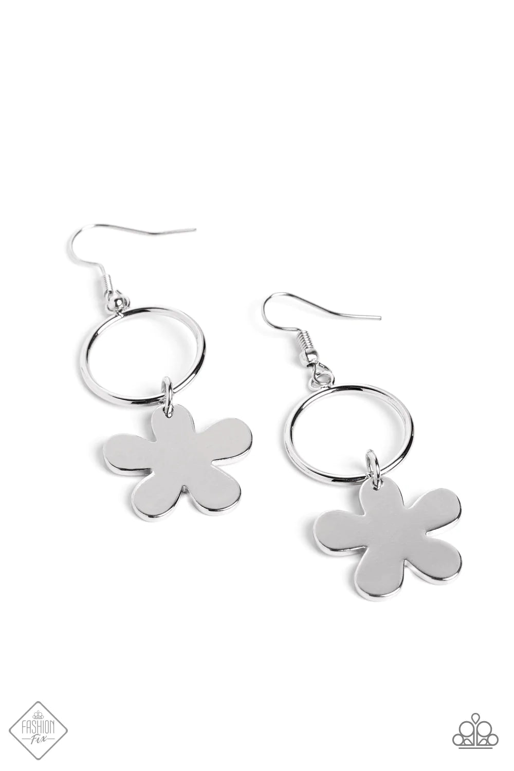 Foreshore Figurine - Silver Flower Earrings - Paparazzi Accessories - A psychedelic flower with a high-sheen silver finish swings freely from a classic silver hoop, creating a playful lure. Earring attaches to a standard fishhook fitting. Sold as one pair of earrings.