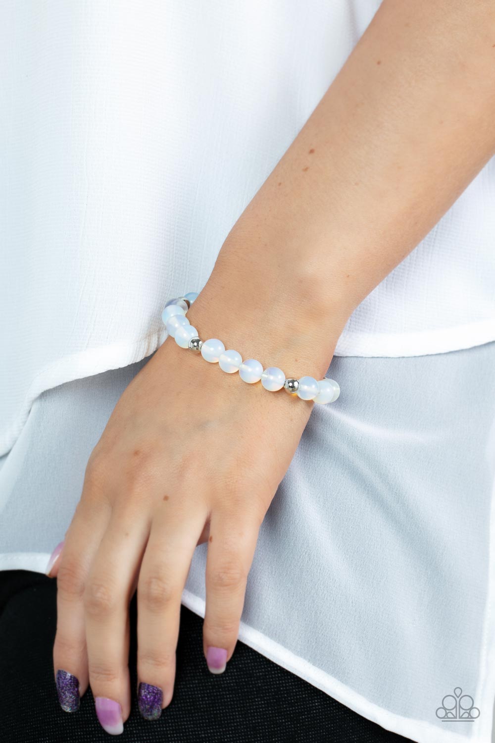 Forever and a DAYDREAM - White Glassy Bead - Stretchy Bracelet - Paparazzi Accessories - a dreamy collection of glassy and opalescent white beads are threaded along a stretchy band around the wrist for an enchanting glow.