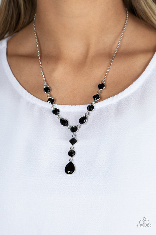 Forget the Crown - Black and Silver Necklace - Paparazzi Accessories - Brilliant black round-cut rhinestones alternate between diamonds and teardrops with a black finish, creating an elegant lariat fit for royalty. Features an adjustable clasp closure. Sold as one individual necklace.