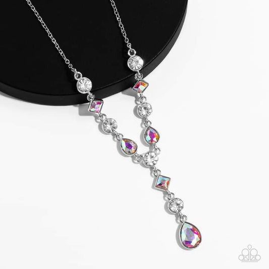 Forget the Crown - Multi Color Iridescent - Silver Necklace - Paparazzi Accessories - Brilliant white round-cut rhinestones alternate between diamonds and teardrops with an iridescent finish, creating an elegant lariat fit for royalty. Due to its prismatic palette, color may vary. Features an adjustable clasp closure. Sold as one individual necklace.