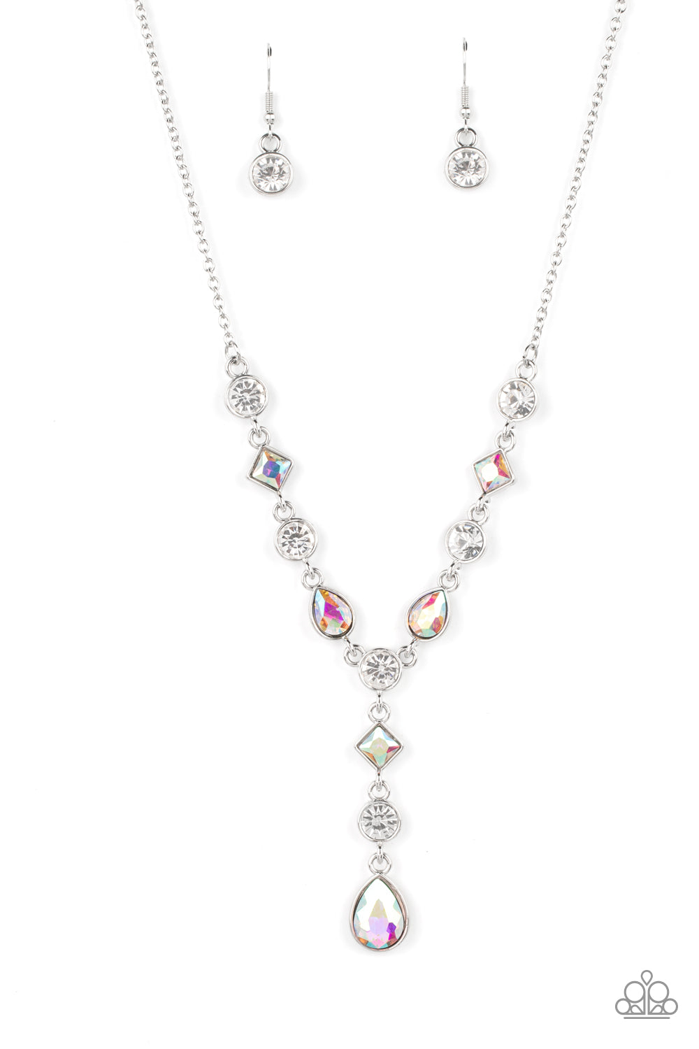 Forget the Crown - Iridescent and Silver Necklace - Paparazzi Accessories - Brilliant white round-cut rhinestones alternate between diamonds and teardrops with an iridescent finish, creating an elegant lariat fit for royalty. Due to its prismatic palette, color may vary. Features an adjustable clasp closure. Sold as one individual necklace.