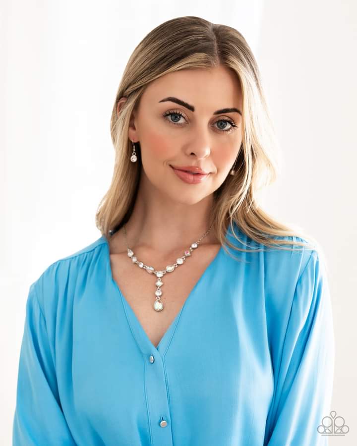 Forget the Crown - Iridescent and Silver Necklace - Paparazzi Accessories - Brilliant white round-cut rhinestones alternate between diamonds and teardrops with an iridescent finish, creating an elegant lariat fit for royalty. Due to its prismatic palette, color may vary. Features an adjustable clasp closure. Sold as one individual necklace.