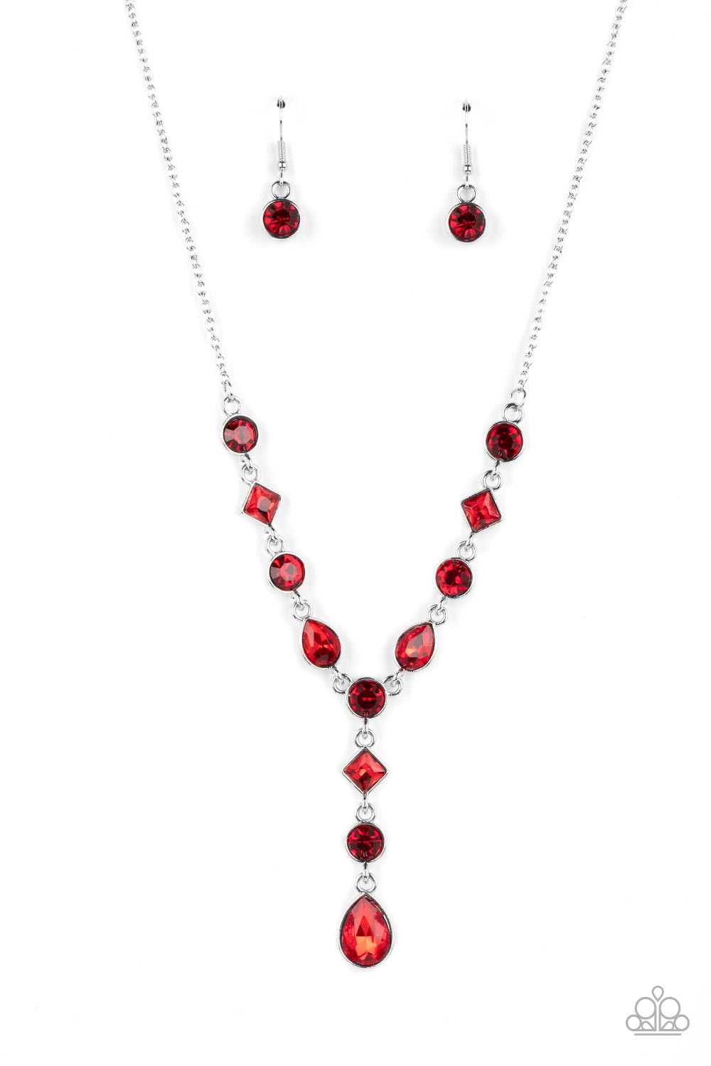 Forget the Crown - Red and Silver Necklace - Paparazzi Accessories - Brilliant red round-cut rhinestones alternate between diamonds and teardrops with a rich red finish, creating an elegant lariat fit for royalty. Features an adjustable clasp closure. Sold as one individual necklace.