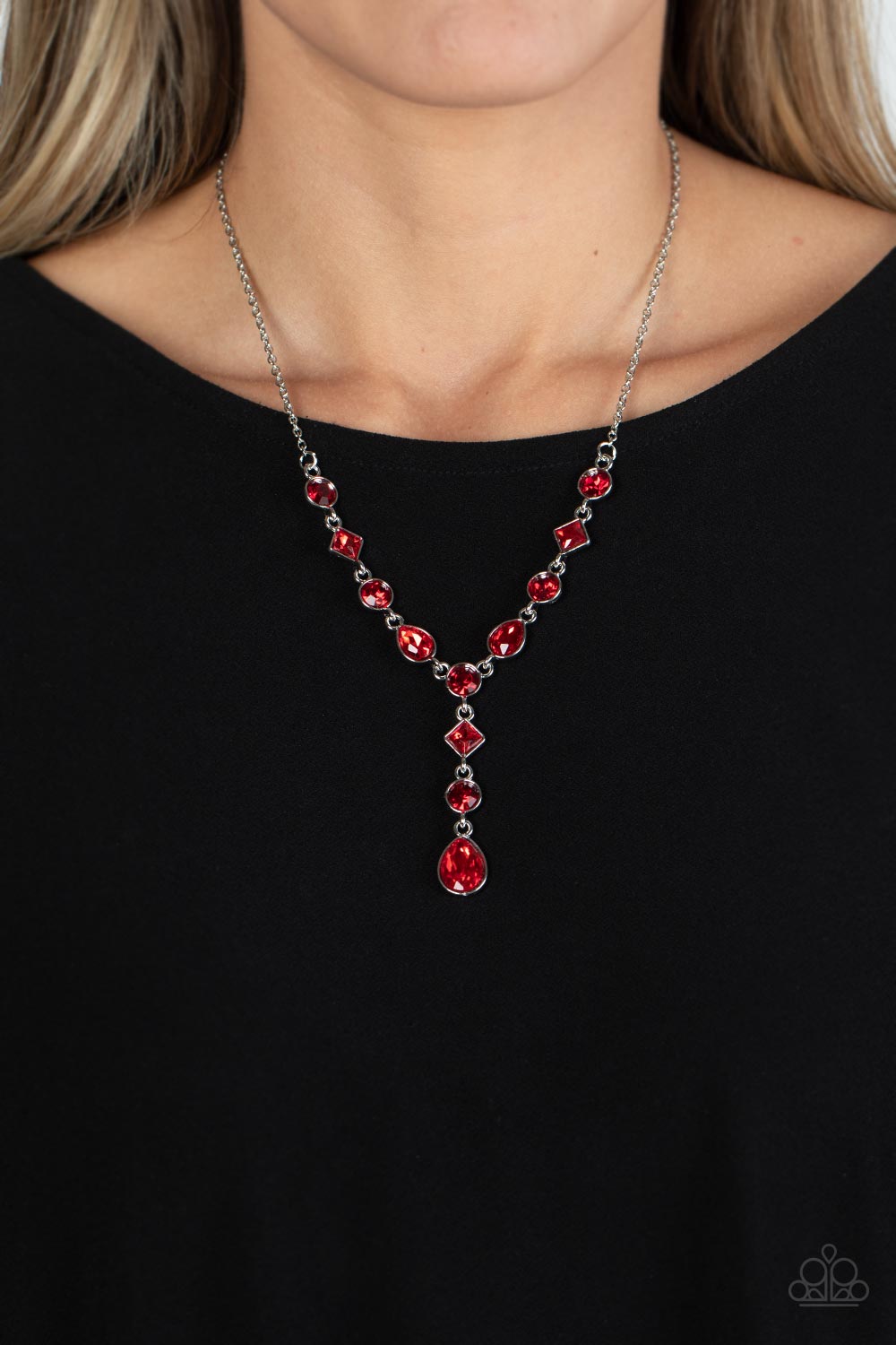 Forget the Crown - Red and Silver Necklace - Paparazzi Accessories - Brilliant red round-cut rhinestones alternate between diamonds and teardrops with a rich red finish, creating an elegant lariat fit for royalty. Features an adjustable clasp closure. Sold as one individual necklace.