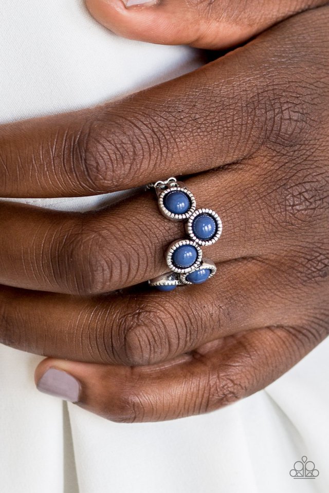 Foxy Fabulous - Blue and Silver Fashion  Ring - Paparazzi Accessories - blue beads are pressed into sleek studded silver frames. The colorful beads zigzag across the finger, coalescing into a whimsical frame. Features a dainty stretchy band for a flexible fit.  Bejeweled Accessories By Kristie - Trendy fashion jewelry for everyone -