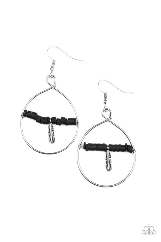 Free Bird - Black and Silver Earrings - Paparazzi Accessories - Infused with a dainty silver feather charm, a dainty row of rubbery black discs are threaded along a metallic rod inside an airy silver hoop for a free-spirited fashion. Earring attaches to a standard fishhook fitting. Sold as one pair of earrings.