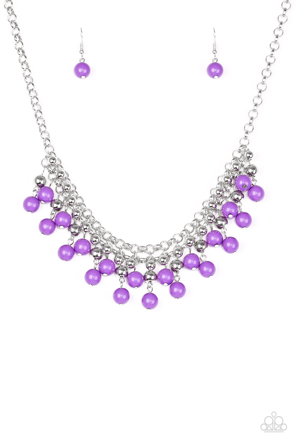 Friday Night Fringe - Purple and Silver Necklace - Paparazzi Accessories - Rows of classic silver and vivacious purple beads trickle from two rows of interlocking silver chains, creating a bold colorful fringe below the collar. Features and adjustable clasp closure. Sold as one individual necklace.