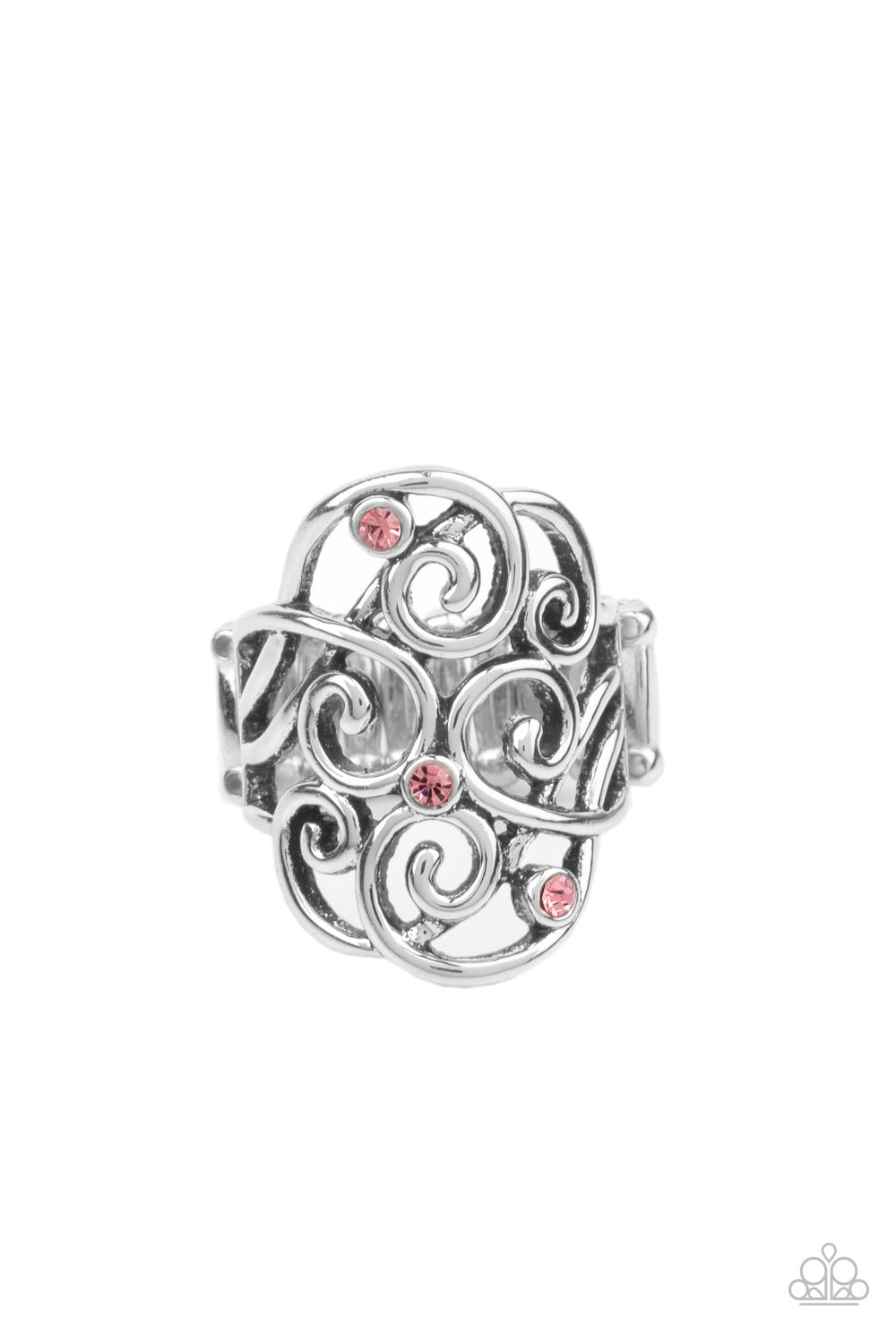 FRILL Out! - Pink and Silver Ring - Paparazzi Accessories - 
Dainty pink rhinestones are sprinkled across an airy backdrop of swirling silver filigree, creating a whimsical centerpiece. Features a stretchy band for a flexible fit. Sold as one individual ring.
