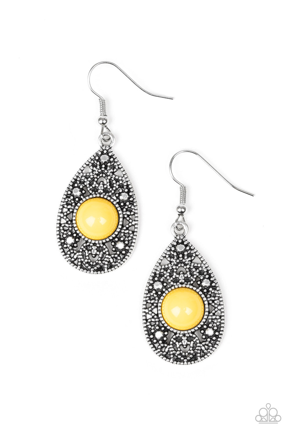 From POP To Bottom - Yellow and Silver Earrings - Paparazzi Accessories - A shiny yellow bead is pressed into the center of a silver studded teardrop frame for a perfect pop of color. Earring attaches to a standard fishhook fitting. Sold as one pair of earrings.