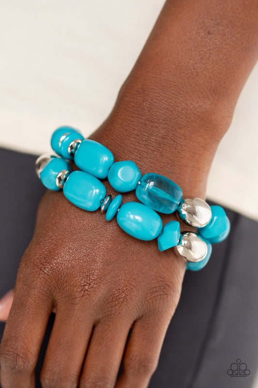 Fruity Flavor - Blue and Silver Stretchy Bracelets - Paparazzi Accessories - Refreshing blue and shiny silver beads are threaded along stretchy bands around the wrist, creating colorful layers bracelet.
