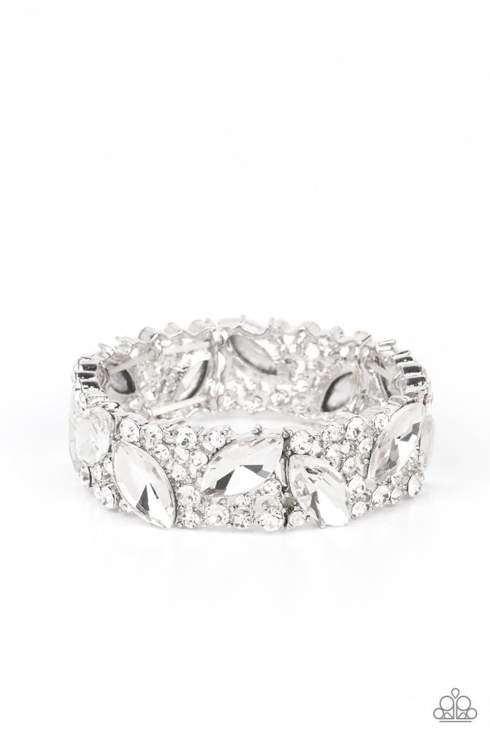 Full Body Chills - Silver - White Bling Bracelet - Paparazzi Accessories - Oversized marquise cut white rhinestones sparkle atop icy frames of dainty silver studs and white rhinestones that are threaded along stretchy bands around the wrist for a jaw-dropping dazzle fashion bracelet.