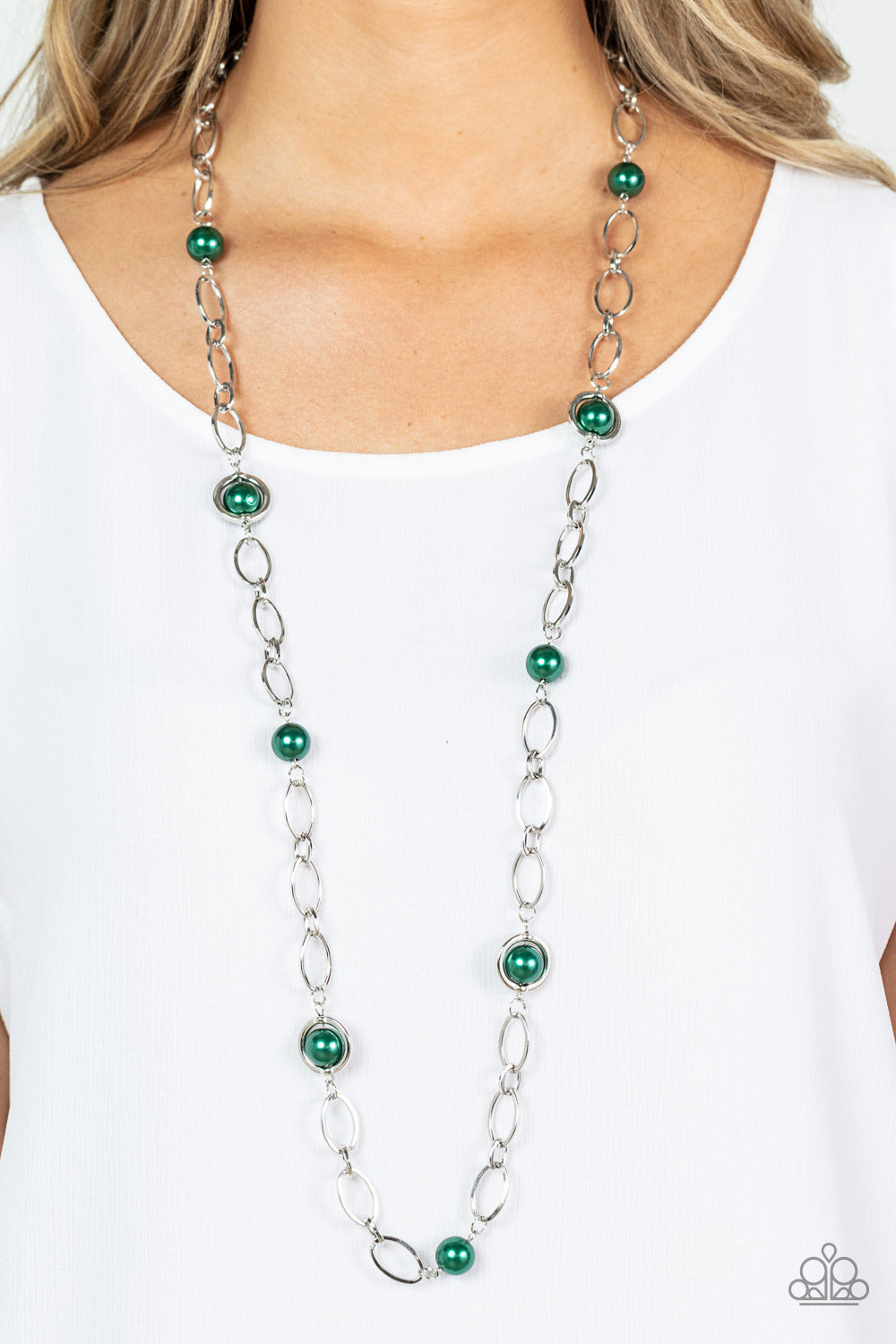 Fundamental Fashion - Green Emerald Pearl and Silver Necklace - Paparazzi Accessories - Sections of oversized silver chain links and bubbly Emerald pearls delicately connect across the chest, resulting in a refined display. Features an adjustable clasp closure. Sold as one individual stylish fashion necklace. 