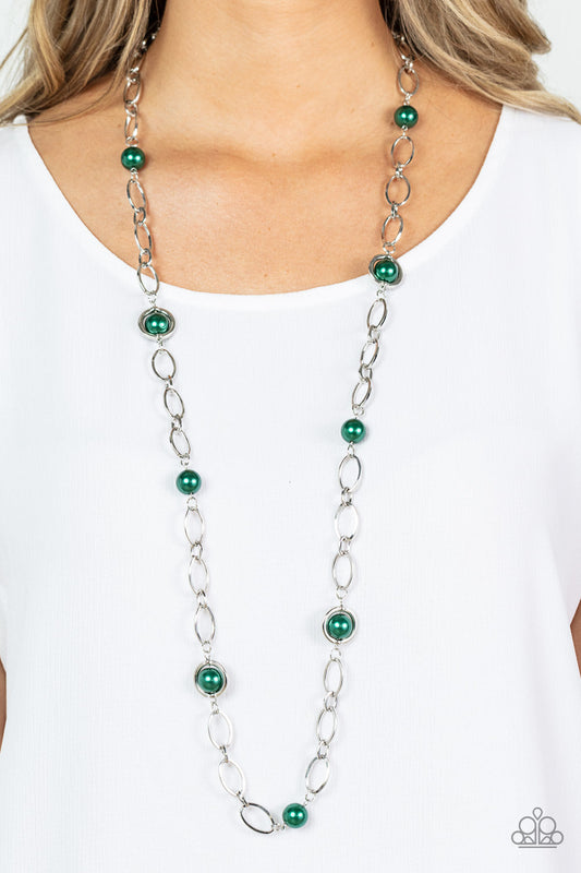 Fundamental Fashion - Green Emerald Pearl and Silver Necklace - Paparazzi Accessories - Sections of oversized silver chain links and bubbly Emerald pearls delicately connect across the chest, resulting in a refined display. Features an adjustable clasp closure. Sold as one individual stylish fashion necklace. 