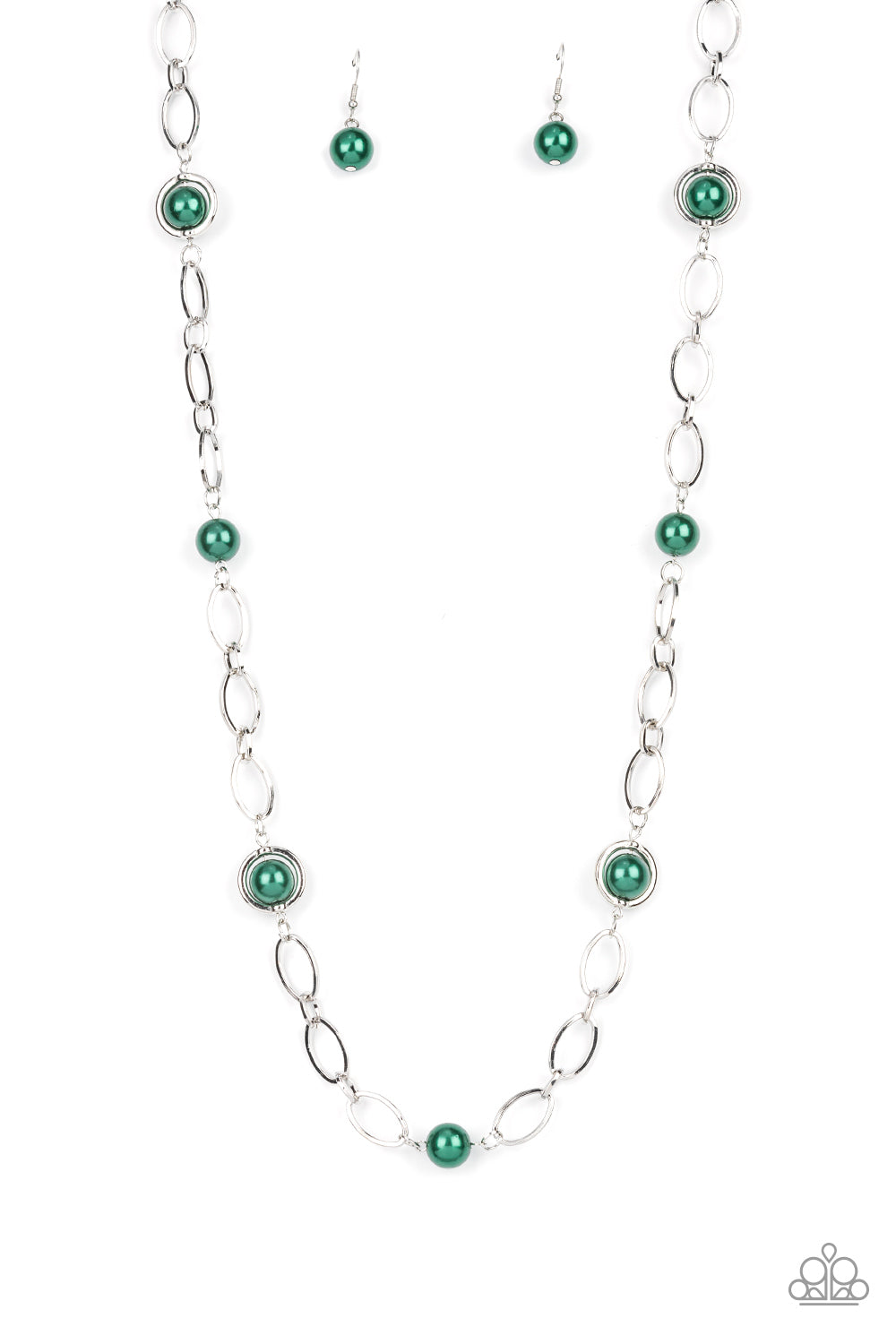 Fundamental Fashion - Green Emerald Pearl and Silver Necklace - Paparazzi Accessories - Sections of oversized silver chain links and bubbly Emerald pearls delicately connect across the chest, resulting in a refined display. Features an adjustable clasp closure. Sold as one individual unique fashion necklace.