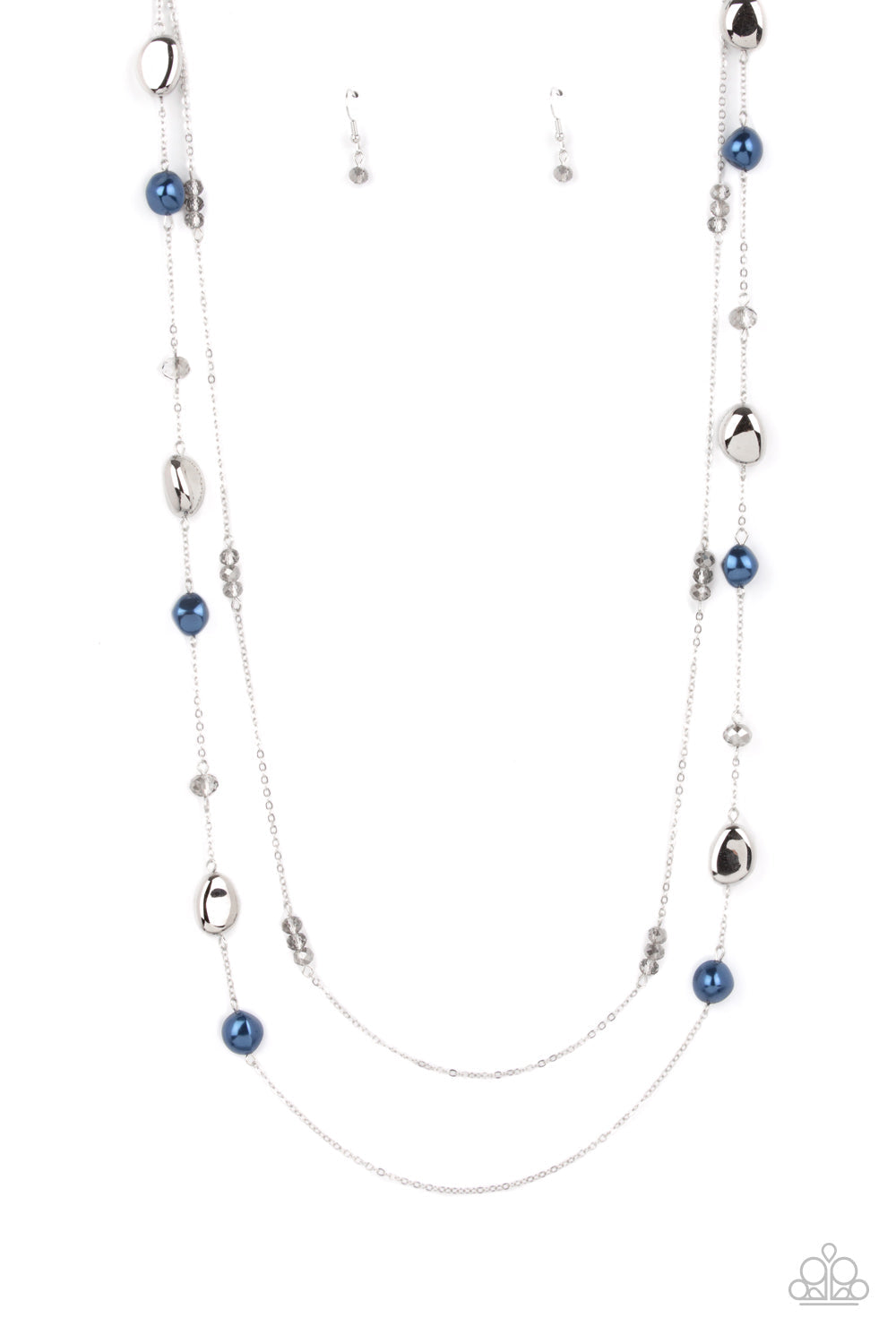Gala Goals - Blue and Silver Necklace - Paparazzi Accessories - Dainty silver chain adorned in trios of hematite flecked crystal-like beads layers with a chain dotted with matching crystal-like accents and imperfect silver and pearly blue beads across the chest for a refined flair. Features an adjustable clasp closure.