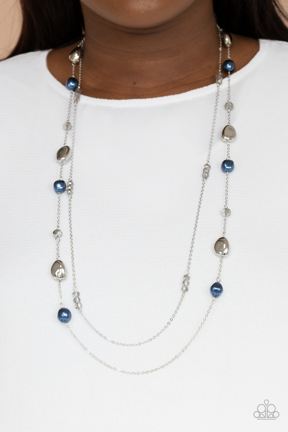 Gala Goals - Blue and Silver Necklace - Paparazzi Accessories - Dainty silver chain adorned in trios of hematite flecked crystal-like beads layers with a chain dotted with matching crystal-like accents and imperfect silver and pearly blue beads across the chest for a refined flair.