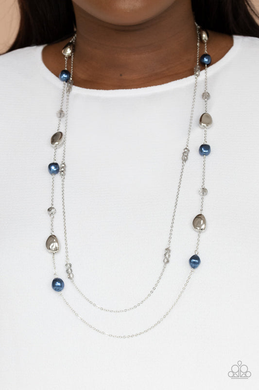 Gala Goals - Blue and Silver Necklace - Paparazzi Accessories - Dainty silver chain adorned in trios of hematite flecked crystal-like beads layers with a chain dotted with matching crystal-like accents and imperfect silver and pearly blue beads across the chest for a refined flair.