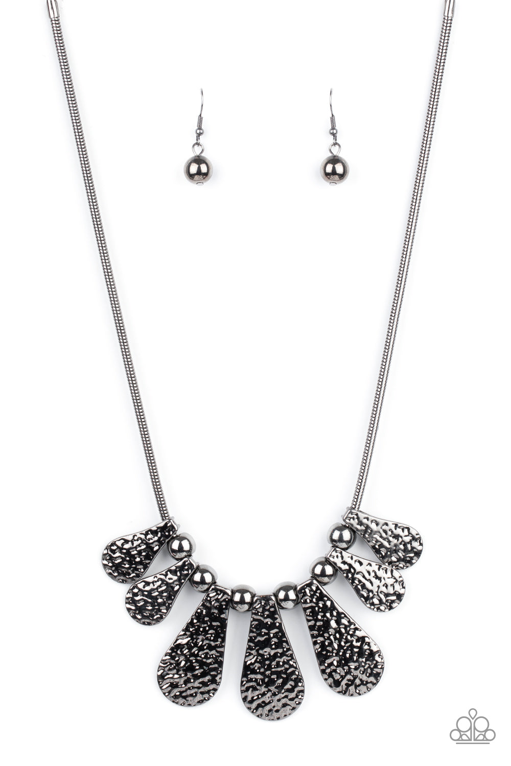 Gallery Goddess - Black Metal - Gunmetal Necklace  - Paparazzi Accessories - Hammered teardrop-like frames and oversized gunmetal beads alternate along a round gunmetal herringbone chain, creating an intense industrial inspired fringe below the collar. Features an adjustable clasp closure. Sold as one individual stylish necklace. 
