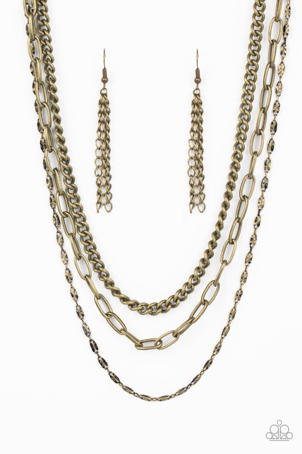 Galvanized Grit - Brass Necklace - Paparazzi Accessories - Three different kinds of weighted brass chains layer down the neck to create a gritty, edgy statement piece. Features an adjustable clasp. Sold as one individual necklace.