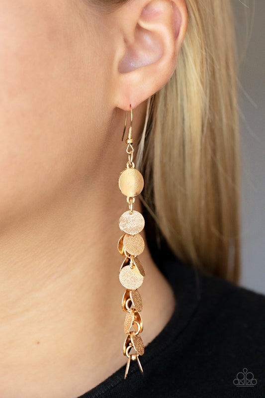 Game CHIME - Gold Shimmer Earrings - Paparazzi Accessories - Delicately hammered in shimmer, a dainty collection of gold discs cascade from a gold fitting for a noise-making fashion. Earring attaches to a standard fishhook fitting. Sold as one pair of earrings.
