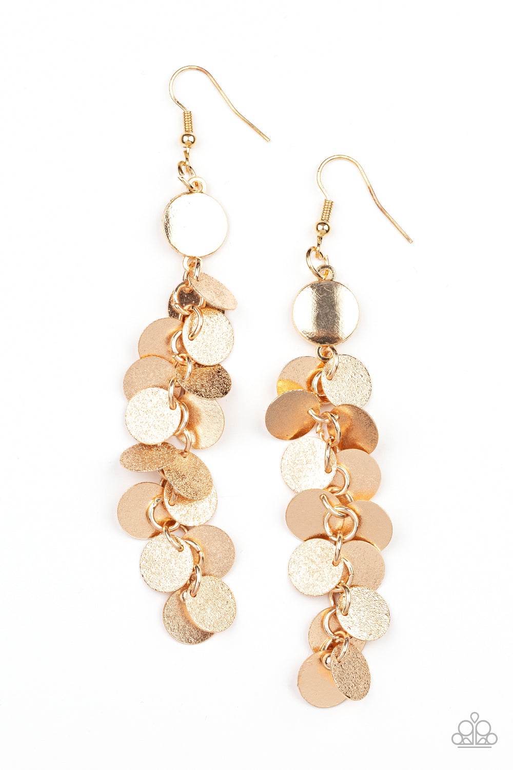 Game CHIME - Gold Shimmer Earrings - Paparazzi Accessories - Delicately hammered in shimmer, a dainty collection of gold discs cascade from a gold fitting for a noise-making fashion. Earring attaches to a standard fishhook fitting. Sold as one pair of earrings.