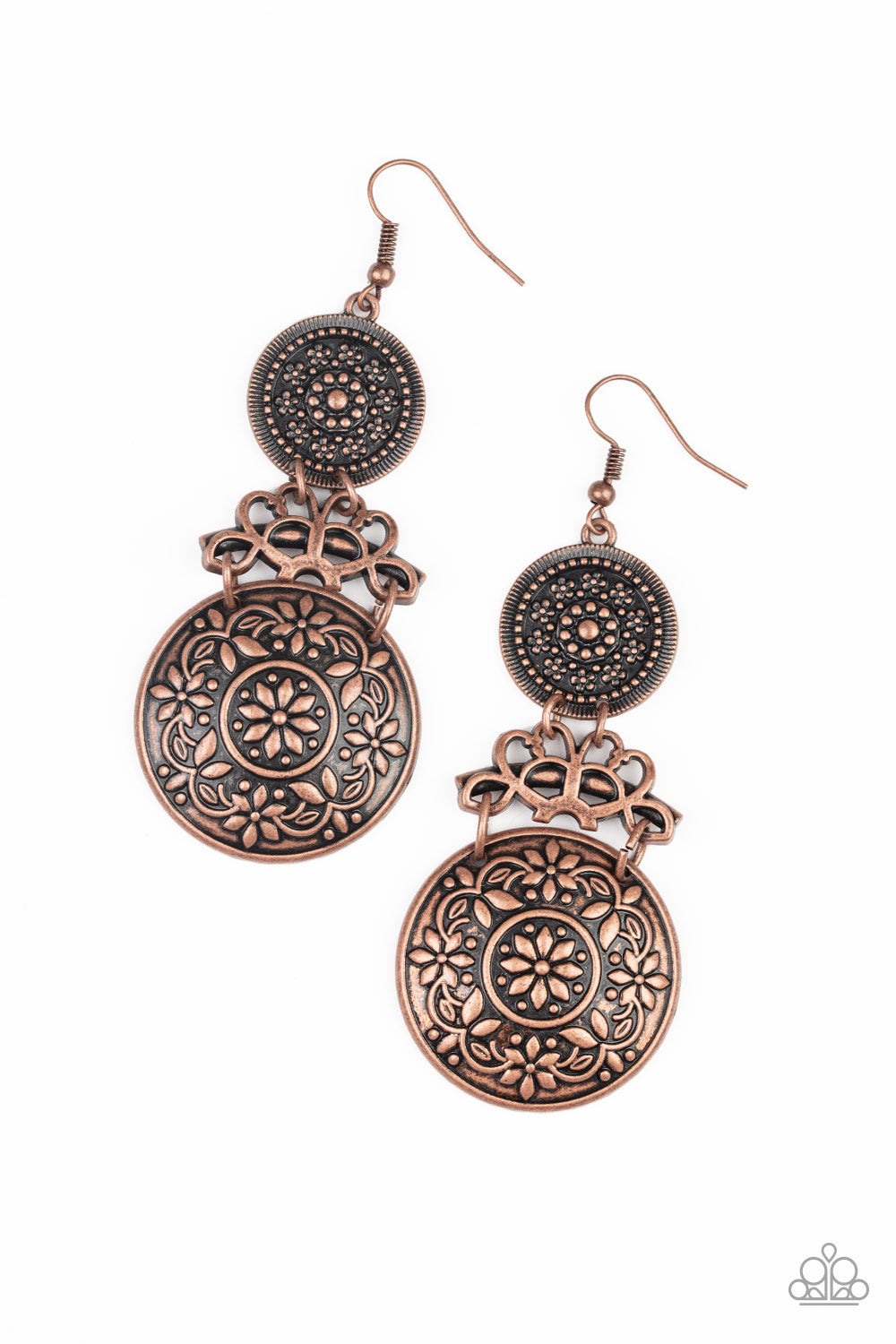 Garden Adventure - Copper Earrings - Paparazzi Accessories - Embossed and studded in antiqued floral patterns, flowery copper discs flank a vine-like copper fitting, coalescing into a whimsical lure. Earring attaches to a standard fishhook fitting. Sold as one pair of earrings.