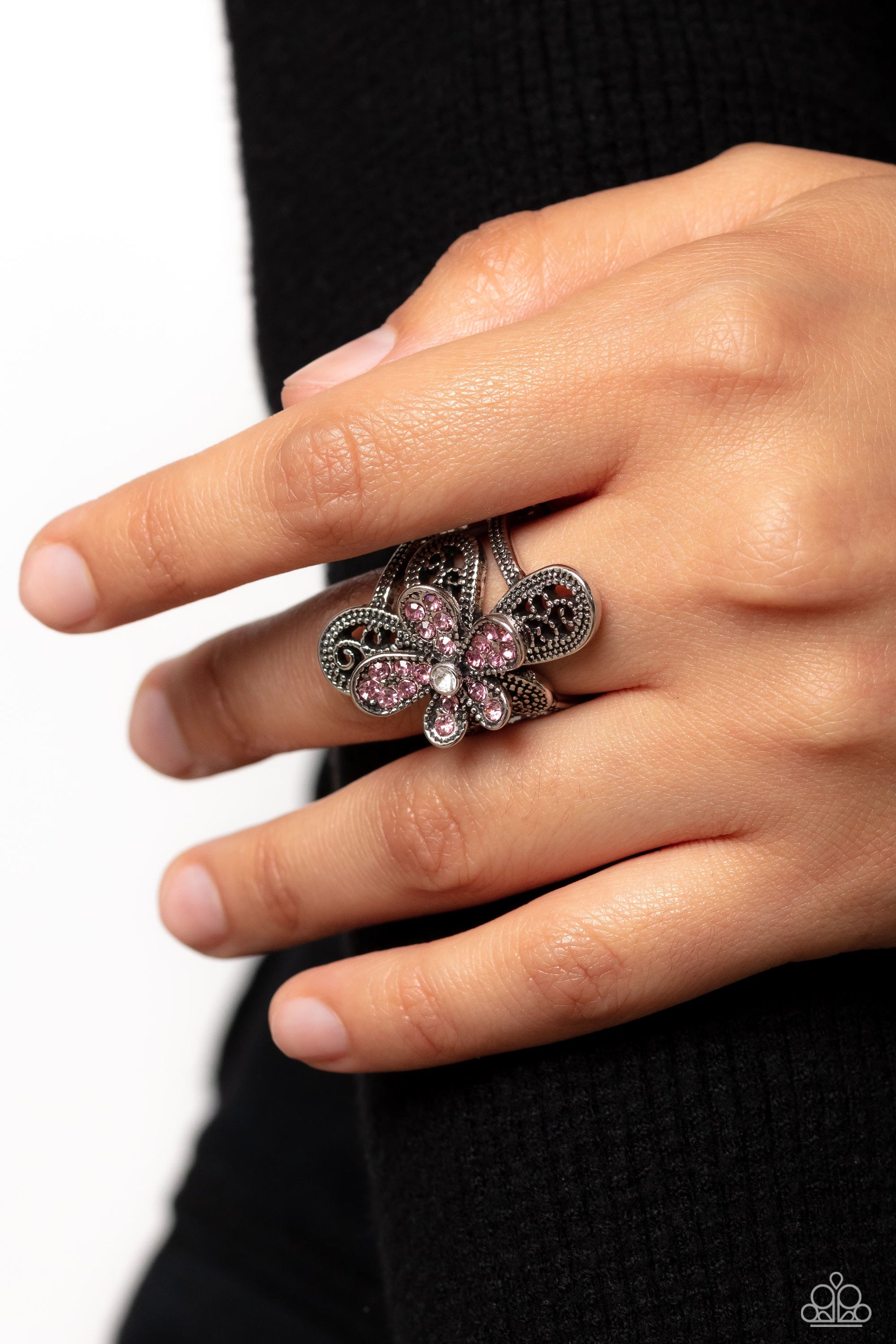 Garden Escapade - Pink and Silver Ring - Paparazzi Accessories - Dotted with a dainty white rhinestone center, silver petals overlaid with glittery pink rhinestones, sit atop studded silver filigree petals, creating a frilly floral centerpiece atop the finger.