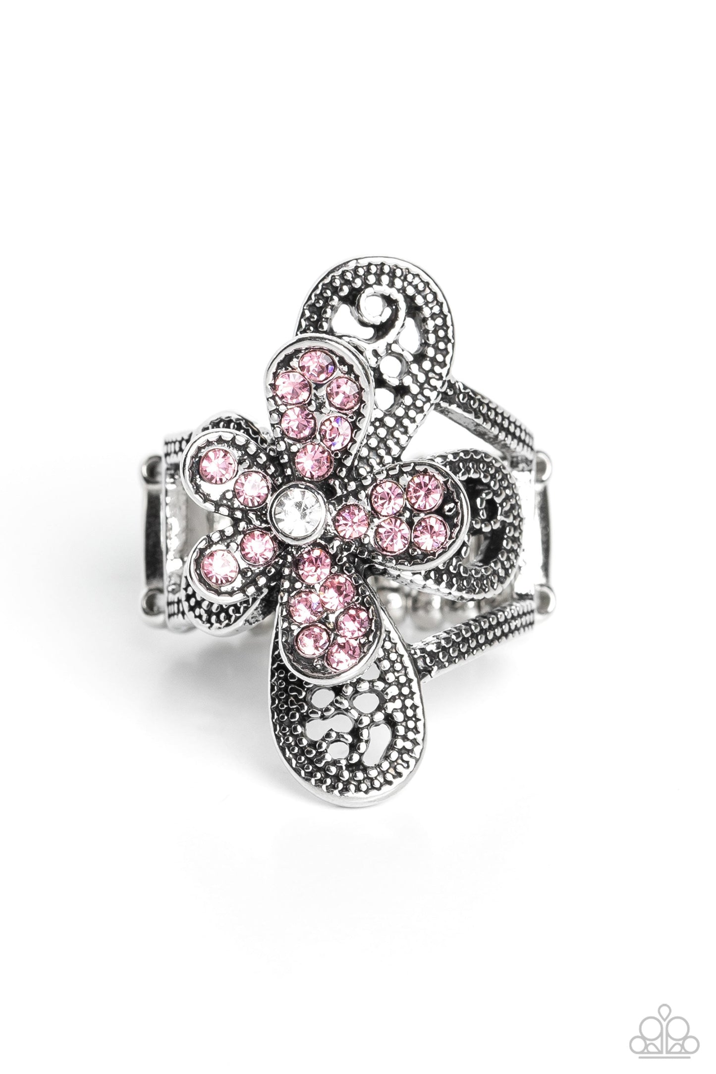 Garden Escapade - Pink and Silver Ring - Paparazzi Accessories - Dotted with a dainty white rhinestone center, silver petals overlaid with glittery pink rhinestones, sit atop studded silver filigree petals, creating a frilly floral centerpiece atop the finger.