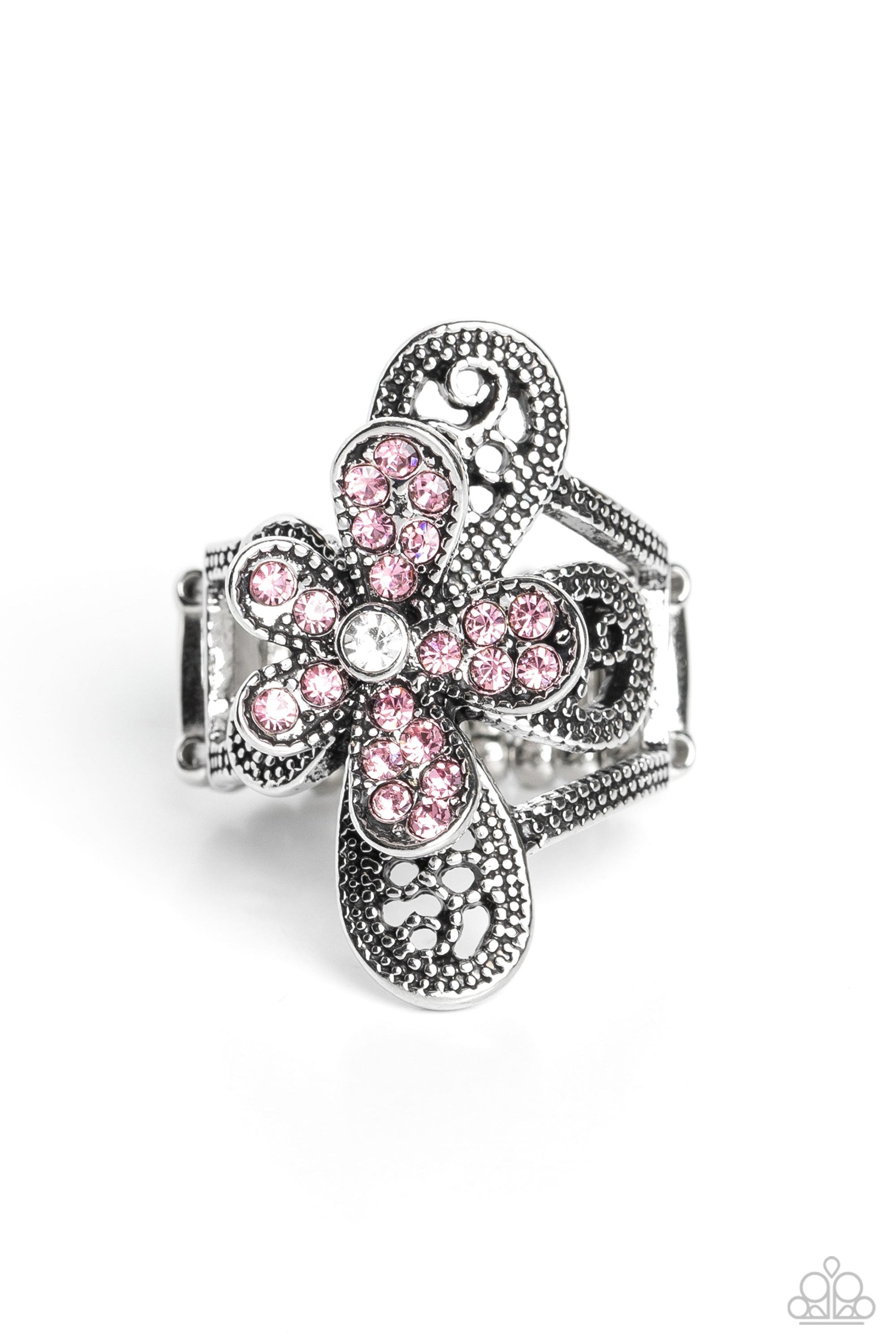 Garden Escapade - Pink and Silver Ring - Paparazzi Accessories - Dotted with a dainty white rhinestone center, silver petals overlaid with glittery pink rhinestones, sit atop studded silver filigree petals, creating a frilly floral centerpiece atop the finger.