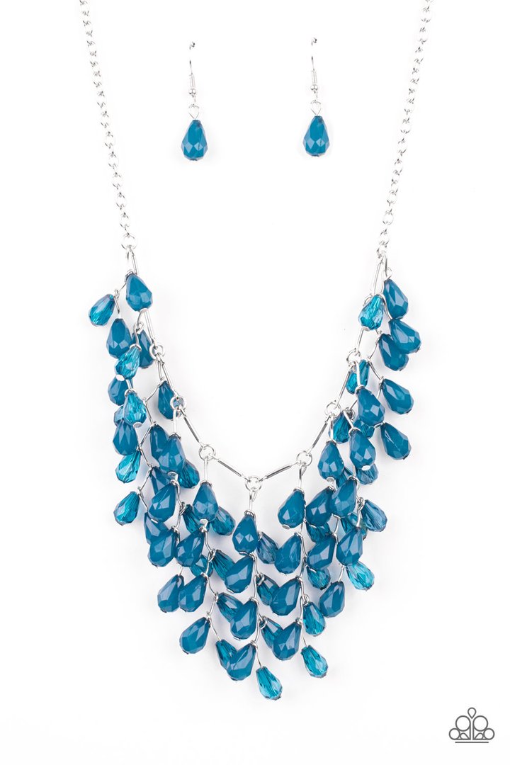 Garden Fairytale - Blue and Silver Necklace - Paparazzi Accessories - 
A shimmery collection of opaque and clear crystal-like Mykonos Blue teardrop beads delicately cluster along a linked strand of silver bars, creating an ethereally leafy fringe below the collar. Features an adjustable clasp closure.
Sold as one individual necklace. Includes one pair of matching earrings.
