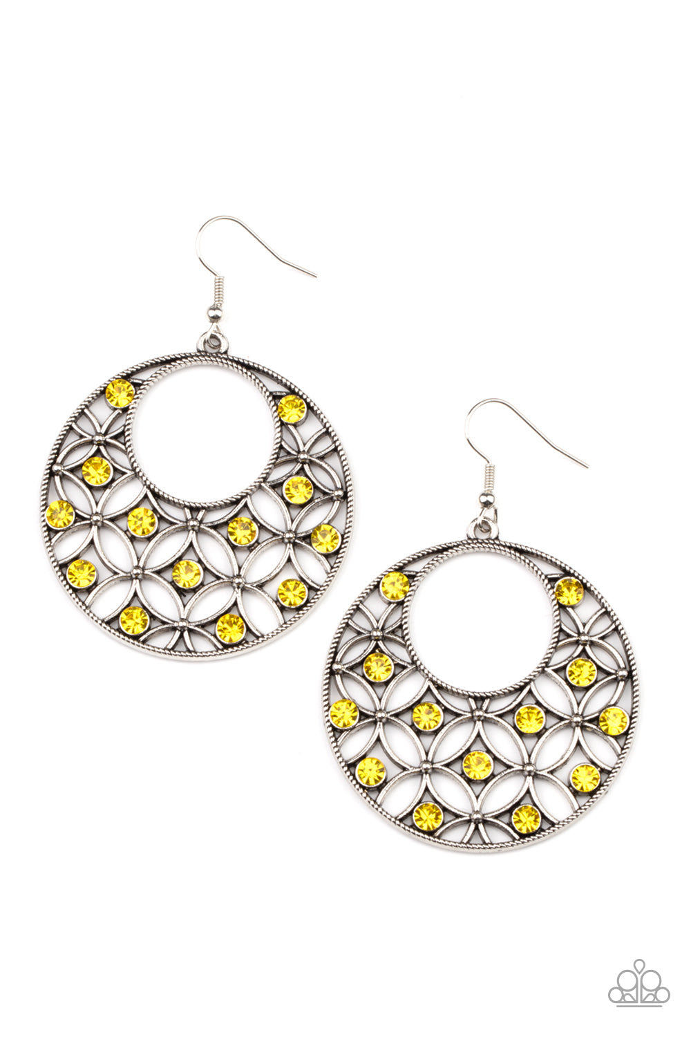 Garden Garnish - Yellow and Silver Earrings - Paparazzi Accessories - Dotted with glittery Illuminating rhinestones, an airy backdrop of antiqued flowers climb a studded silver hoop for a whimsical look. Earring attaches to a standard fishhook fitting. Sold as one pair of earrings.