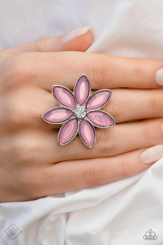 GARDEN My French - Purple Flower and Silver Ring - Paparazzi Accessories - Glassy marquise-cut petals in a dreamy orchid hue, fan out around a sparkling white gem center, creating a vibrant, oversized flower that sits prominently atop the finger.