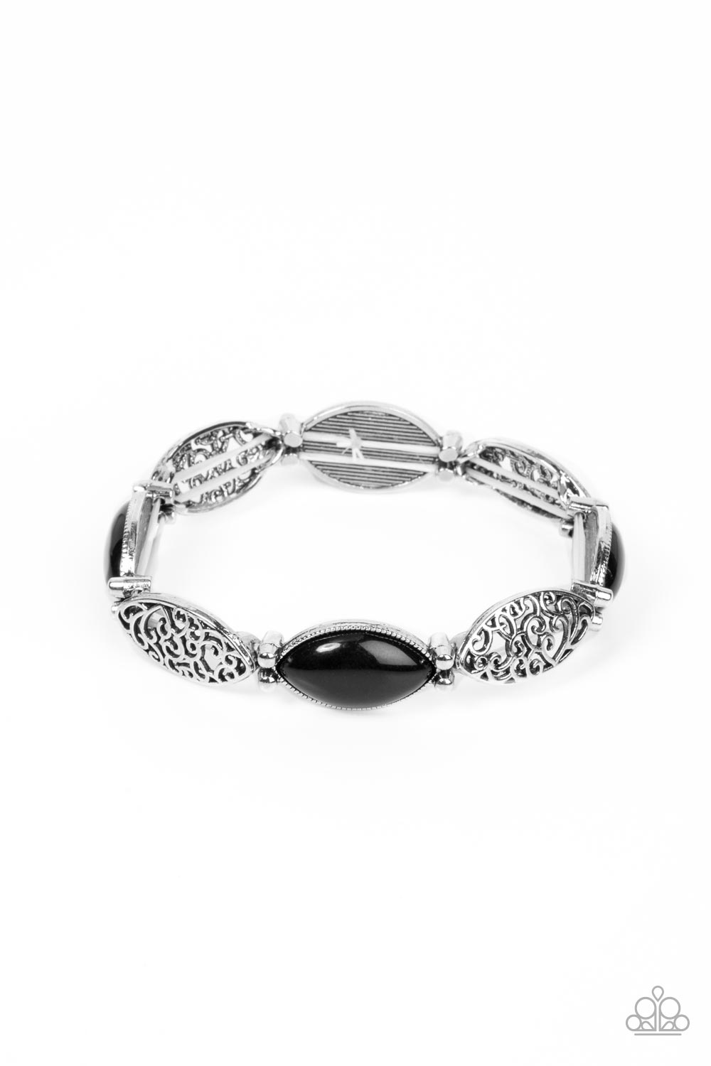 Garden Rendezvous - Black and Silver - Stretchy Bracelet - Paparazzi Accessories - Shiny black beads, set in daintily studded silver frames, mingle with frames of swirling silver filigree as they alternate along stretchy bands for a whimsically wild fashion around the wrist.