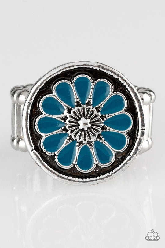 Garden View - Blue and Silver Floral Ring - Paparazzi Accessories - Brushed in an antiqued shimmer, refreshing blue petals spin into a whimsical floral pattern atop the finger. Features a stretchy band for a flexible fit.