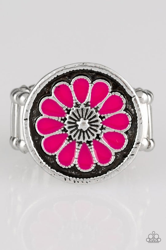 Garden View - Pink and Silver Ring - Paparazzi Accessories - Brushed in an antiqued shimmer, vivacious pink petals spin into a whimsical floral pattern atop the finger. Features a stretchy band for a flexible fit. Sold as one individual fashion ring.