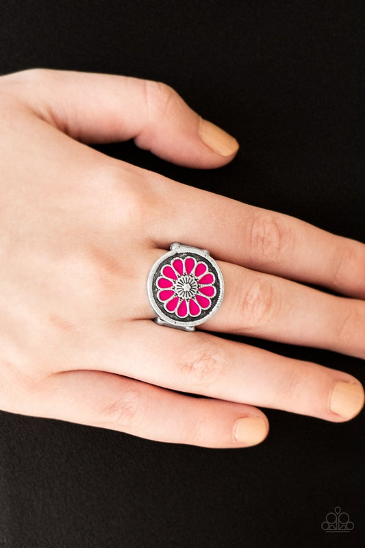 Garden View - Pink and Silver Ring - Paparazzi Accessories - Brushed in an antiqued shimmer, vivacious pink petals spin into a whimsical floral pattern atop the finger. Features a stretchy band for a flexible fit. Sold as one individual fashion ring.