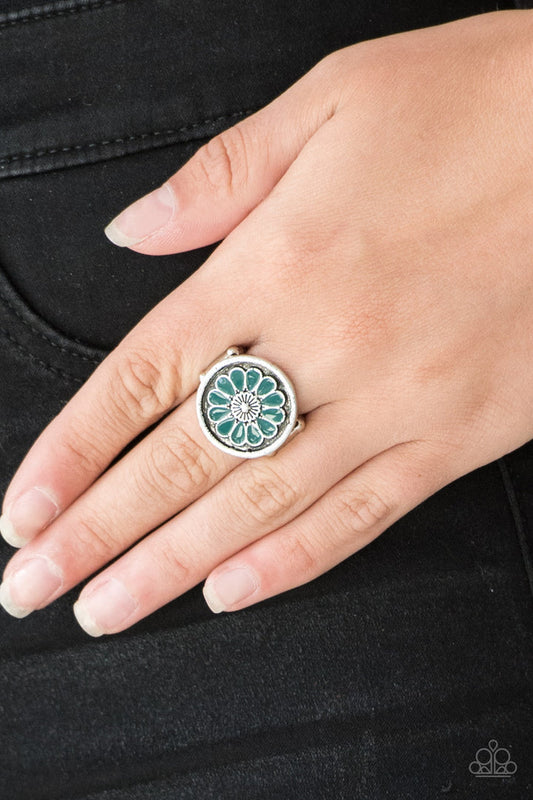 Garden View - Quetzal Green and Silver Floral Ring - Paparazzi Accessories - Refreshing Quetzal Green petals spin into a whimsical floral pattern atop the finger. Features a stretchy band for a flexible fit.