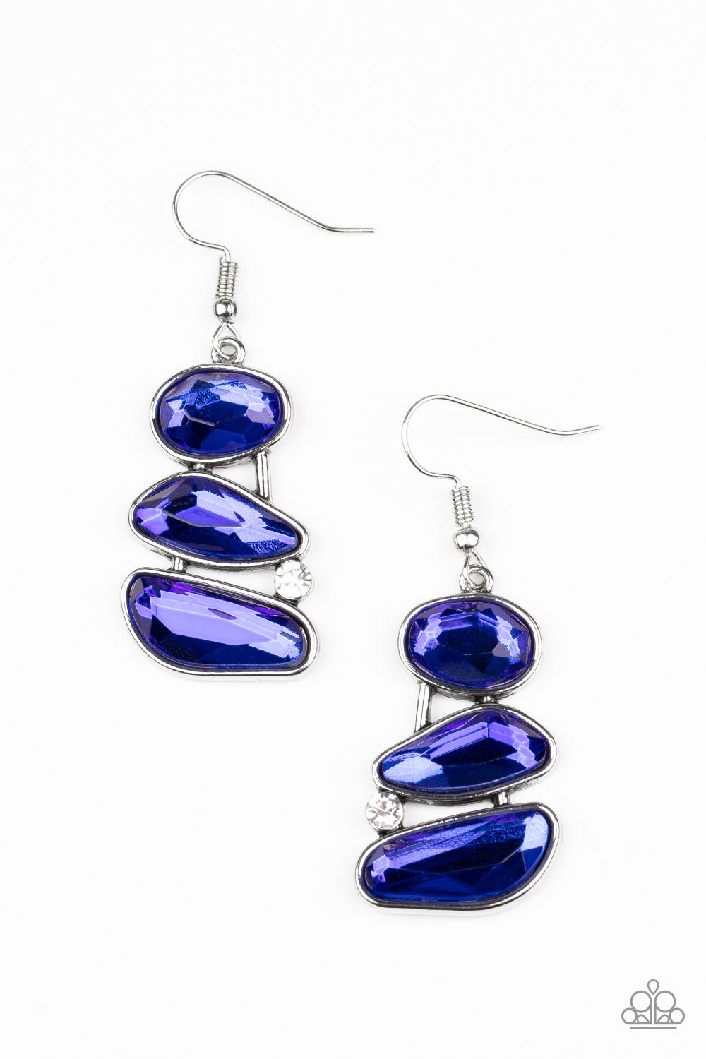 Gem Galaxy - Blue and Silver Earrings - Paparazzi Accessories - Infused with a solitaire white rhinestone, an asymmetrical series of glittery blue gems delicately stack into an out-of-this-world centerpiece. Earring attaches to a standard fishhook fitting. Sold as one pair of earrings.