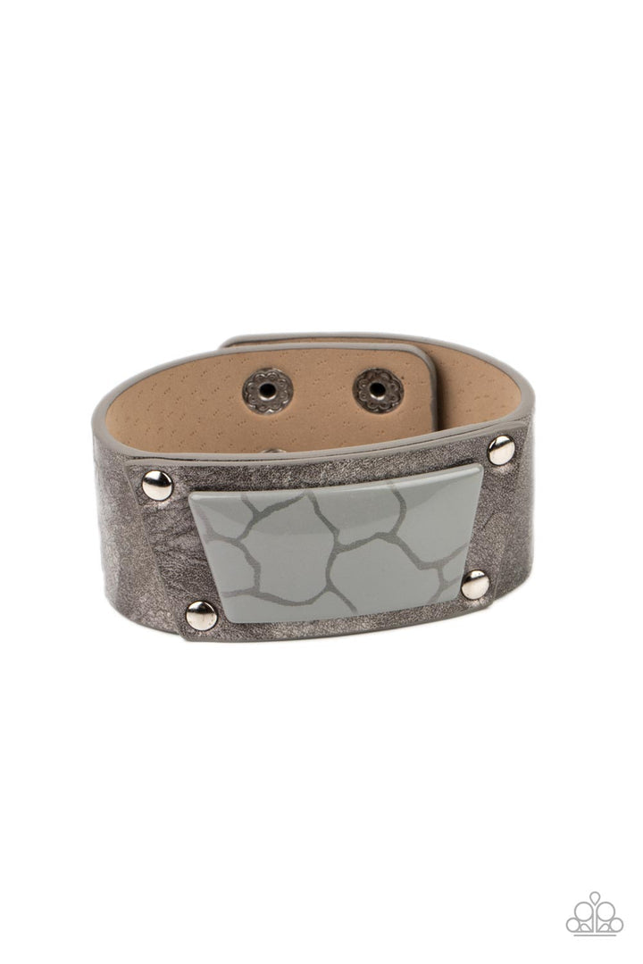 Geo Glamper - Silver - Gray - Snap Bracelet - Paparazzi Accessories - Featuring a faux marble finish, an Ultimate Gray acrylic centerpiece attaches to a silvery leather frame that is studded in place along a distressed silver and gray leather band for a colorfully rustic fashion. Features an adjustable snap closure.