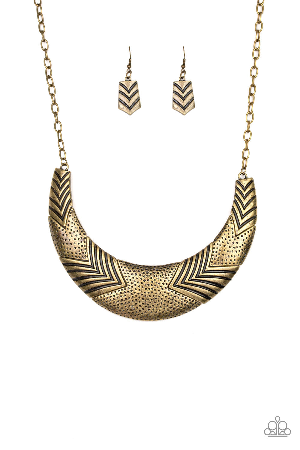 Geographic Goddess - Brass Fashion Necklace - Paparazzi Accessories - Featuring angular shapes, a collection of hammered and chevron-like stamped frames connect below the collar, coalescing into a bold statement necklace.