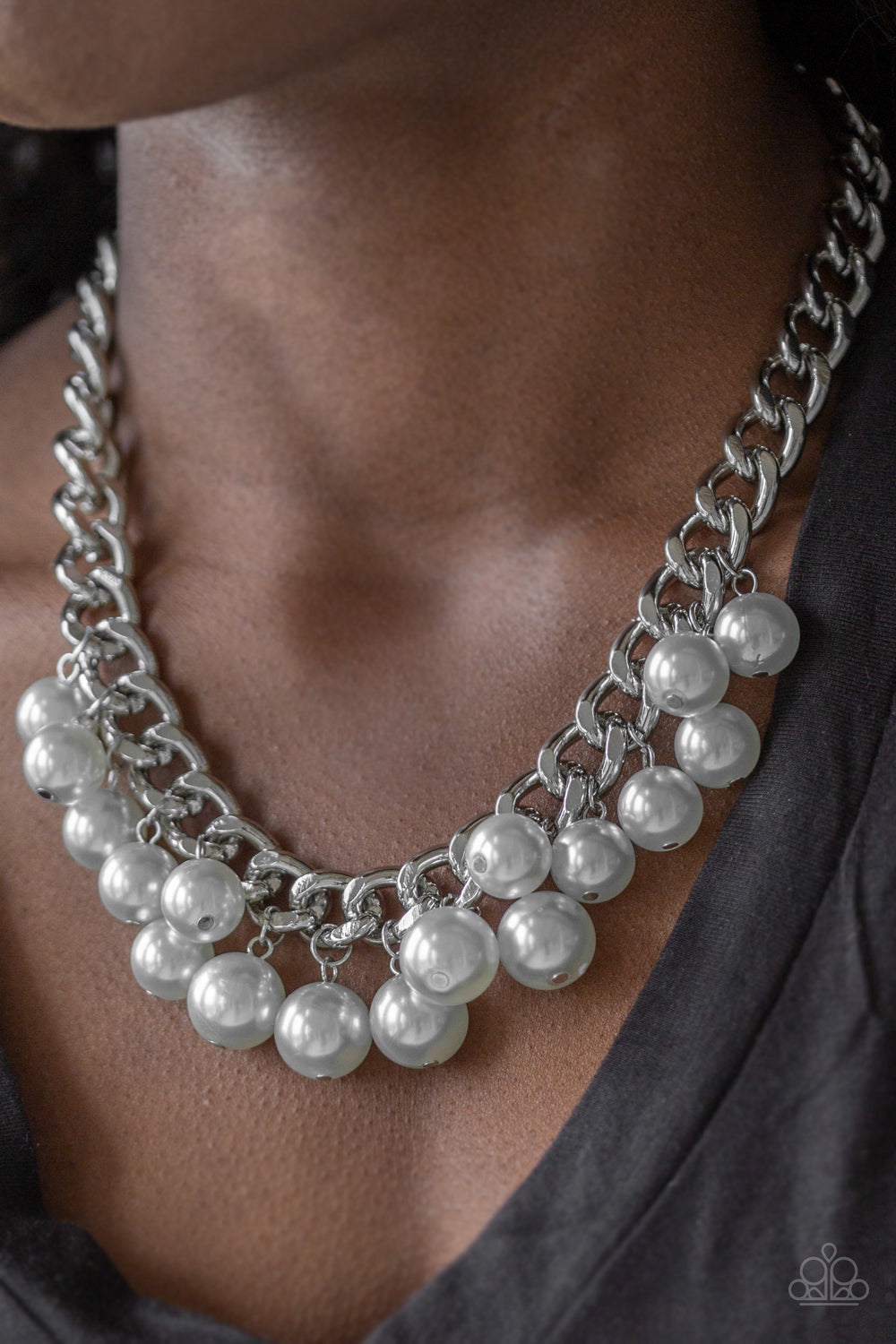 Get Off My Runway - Silver Pearl Necklace - Paparazzi Accessories - Bubbly silver pearls swing from the bottom of a hefty silver chain, creating a dramatic fringe below the collar. Features an adjustable clasp closure.