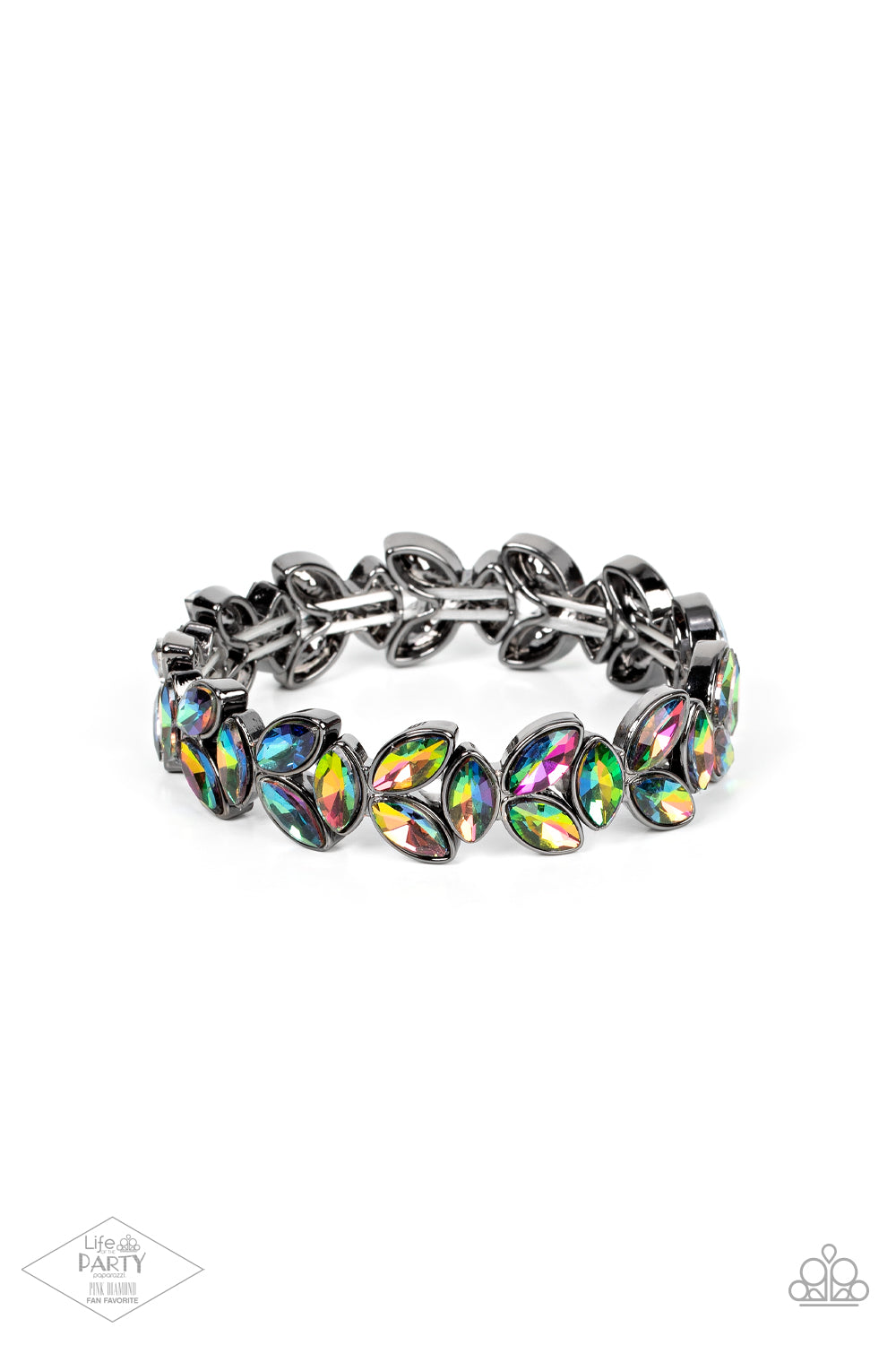 Gilded Gardens - Multi Oil Spill - Black Metal Stretchy Bracelet - Paparazzi Accessories - Featuring a stellar oil spill finish, trios of marquise cut rhinestones delicately join into leafy gunmetal frames along a stretchy band, creating a refined display around the wrist. Sold as one individual bracelet.