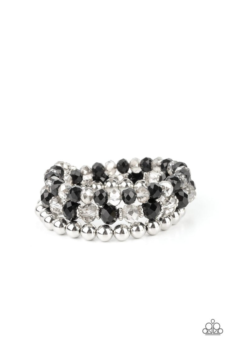 Gimme Gimme - Black and Silver Infinity Wrap Bracelet - Paparazzi Accessories - Sections of shiny silver beads and an alternating pattern of smoky and glittery black rhinestone gems gradually increase in size along a coiled wire, creating a jaw-dropping infinity wrap bracelet around the wrist. Sold as one individual stylish fashion bracelet.